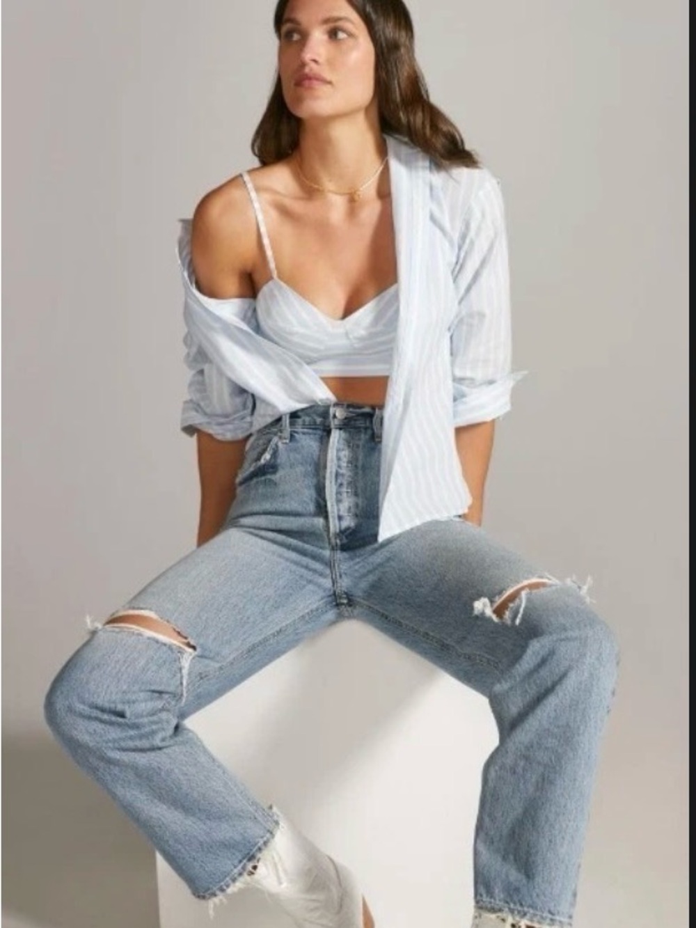 Mare Mare X Anthropology Light Blue Striped Button Up Shirt W/ Bralette Size S